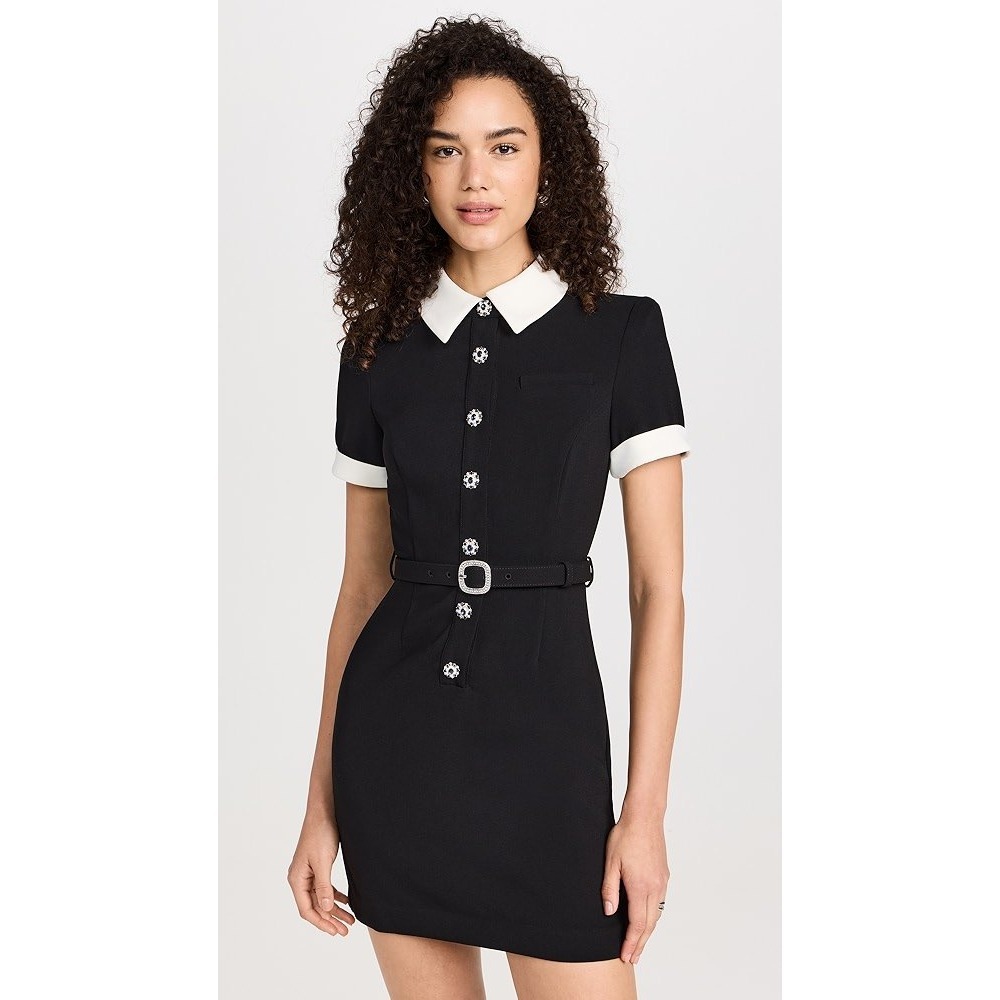 Self-Portrait Crepe Contrast‎ Mini Dress Black White Button Front Belted Sz US 6